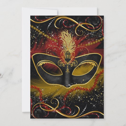 Sparkle Red & Gold Feather Mask Masquerade Uitnodi Kaart (Achterkant)