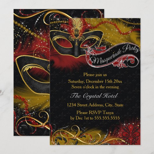 Sparkle Red & Gold Feather Mask Masquerade Uitnodi Kaart (Voorkant / Achterkant)