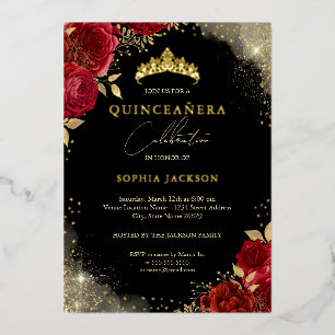Sparkle Red Gold Roos Tiara Quinceanera Folie Uitnodiging