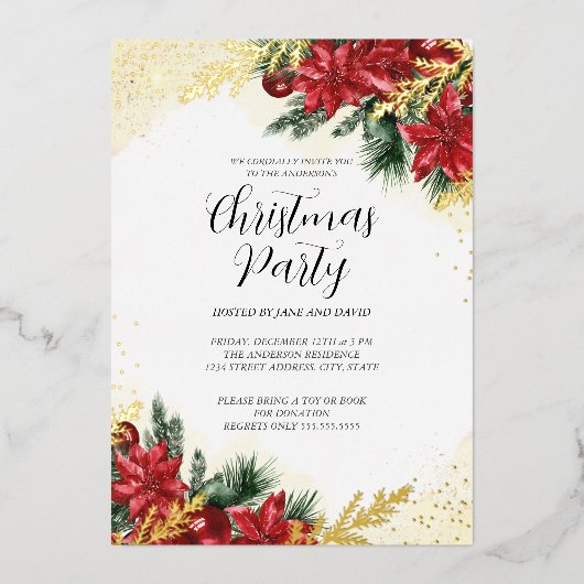 Sparkle Rood Goud Bladgroen Kerstfeest Folie Uitnodiging (Voorkant)