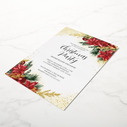 Sparkle Rood Goud Bladgroen Kerstfeest Folie Uitnodiging (Gedraaid)