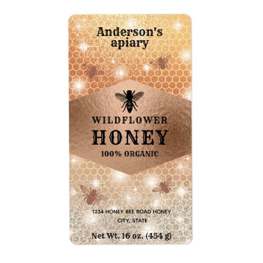  Sparkle roos Gold Bee Honingpot Label (Voorkant)