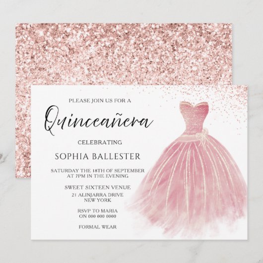 Sparkle Roos Gold Blush Gown Quinceanera Party Kaart (Voorkant / Achterkant)