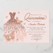 Sparkle Roos Gold Butterfly Dress Quinceanera Folie Uitnodiging (Voorkant)