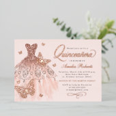 Sparkle Roos Gold Butterfly Dress Quinceanera Folie Uitnodiging (Staand Voorkant)