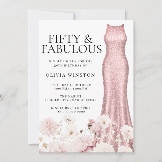 Sparkle Roos Gold Dress Blush Bloemen 50e Verjaard Kaart (Voorkant)
