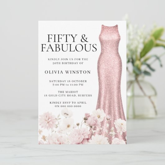 Sparkle Roos Gold Dress Blush Bloemen 50e Verjaard Kaart (Staand voorkant)