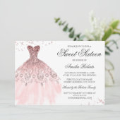 Sparkle Roos Gold Dress Sweet Sixteen Invitation Kaart (Staand voorkant)
