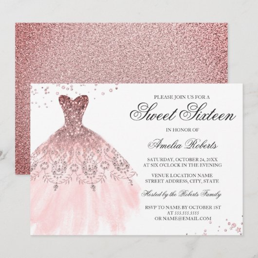 Sparkle Roos Gold Dress Sweet Sixteen Invitation Kaart (Voorkant / Achterkant)
