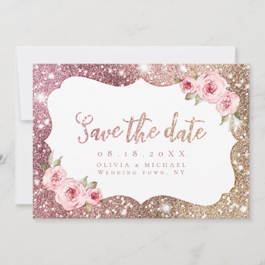 Sparkle roos gold glitter and floral Save the Date (Voorkant)