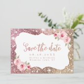 Sparkle roos gold glitter and floral Save the Date (Staand voorkant)