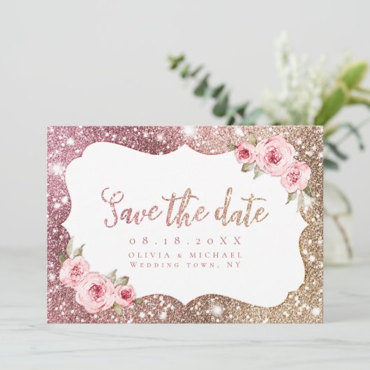 Sparkle roos gold glitter and floral Save the Date (Staand voorkant)