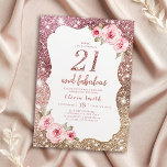 Sparkle roos Gold glitter en floral 21st jarig Kaart<br><div class="desc">Faux roos goudglans glitter achtergrond en wazige roze floral met "21 en geweldig" script in center,  elegant en stijlvol,  fantastische uitnodigingen voor 21 verjaardagsfeestjes.</div>