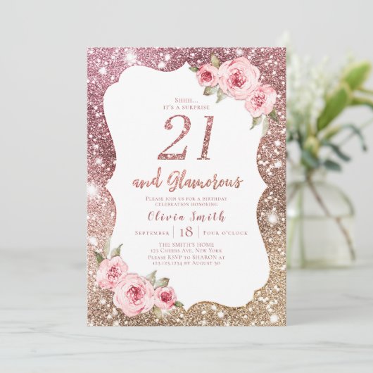 Sparkle roos Gold glitter en floral 21st jarig Kaart (Staand voorkant)