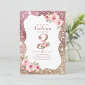 Sparkle roos gold glitter en floral 3rd jarig kaart (Staand voorkant)