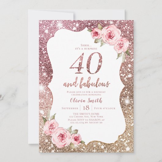 Sparkle roos Gold glitter en floral 40th jarig Kaart (Voorkant)