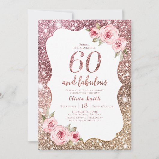 Sparkle roos Gold glitter en floral 60th jarig Kaart (Voorkant)