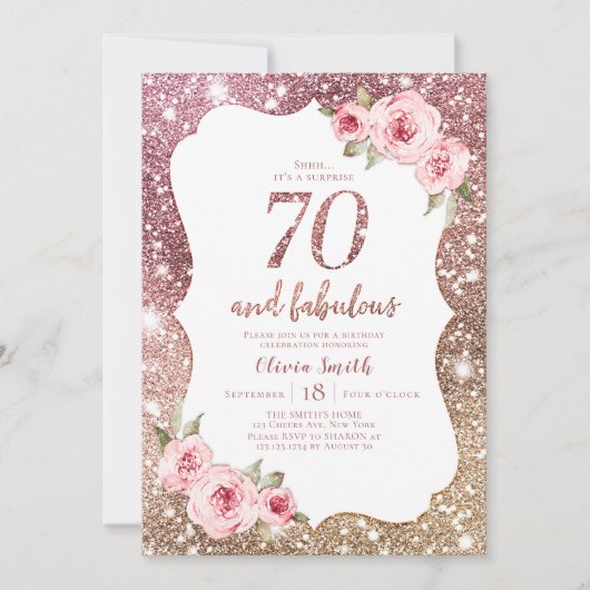 Sparkle roos Gold glitter en floral 70th jarig Kaart (Voorkant)