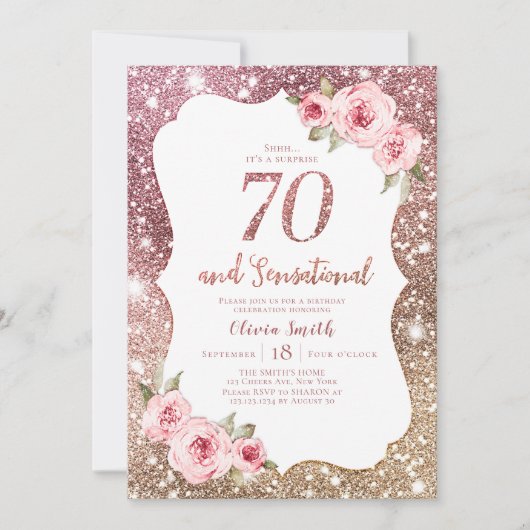 Sparkle roos Gold glitter en floral 70th jarig Kaart (Voorkant)