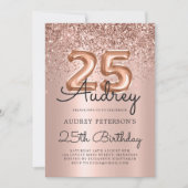 Sparkle Roos Gouden Glitter Ballon 25e Verjaardag Kaart (Voorkant)
