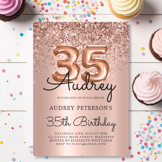 Sparkle Roos Gouden Glitter Ballon 35e Verjaardag Kaart