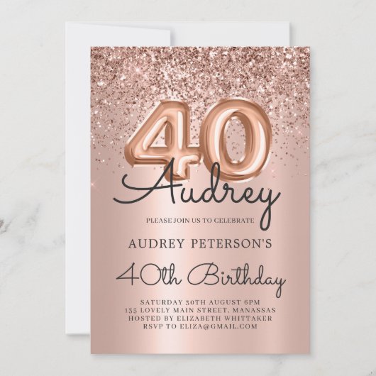 Sparkle Roos Gouden Glitter Ballon 40e Verjaardag Kaart (Voorkant)