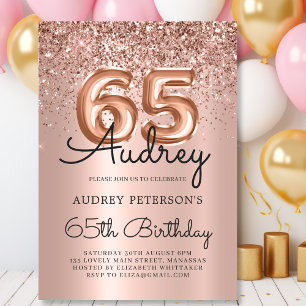 Sparkle Roos Gouden Glitter Ballon 65e Verjaardag Kaart