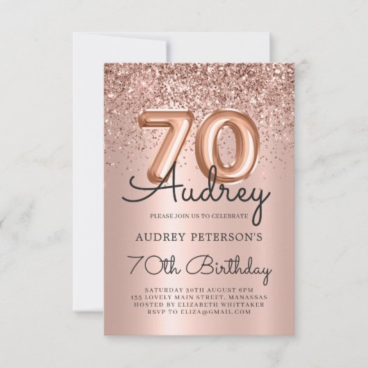 Sparkle Roos Gouden Glitter Ballon 70e Verjaardag Kaart (Voorkant)