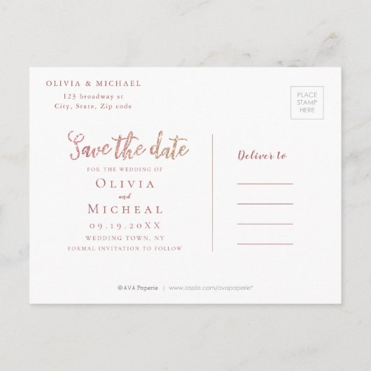 Sparkle roos gouden glitter bloemenbewaar de datum aankondigingskaart (Achterkant)