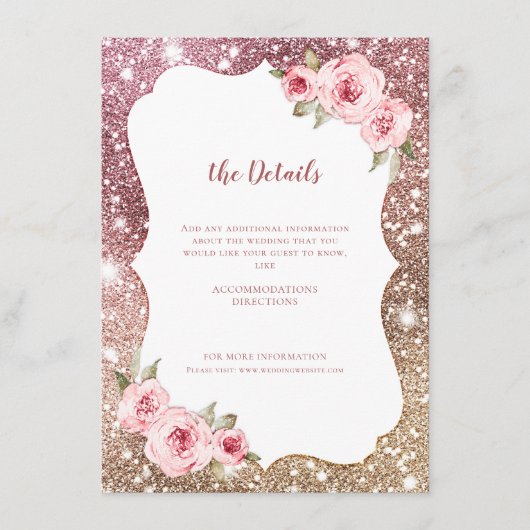 Sparkle roos gouden glitter bloemenbruiloft Detail Informatiekaartje (Voorkant)