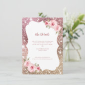 Sparkle roos gouden glitter bloemenbruiloft Detail Informatiekaartje (Staand voorkant)