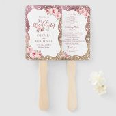 Sparkle roos gouden glitter bloemenbruiloft progra handwaaier (Voorkant en achterkant)