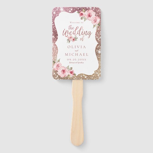 Sparkle roos gouden glitter bloemenbruiloft progra handwaaier (Voorkant)