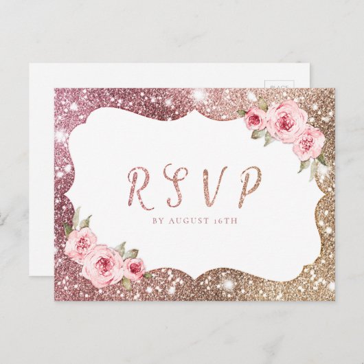 Sparkle roos gouden glitter bloemenbruiloft RSVP Uitnodiging Briefkaart (Voorkant / Achterkant)