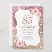 Sparkle roos gouden glitter en bloemen 85e verjaar kaart (Voorkant)