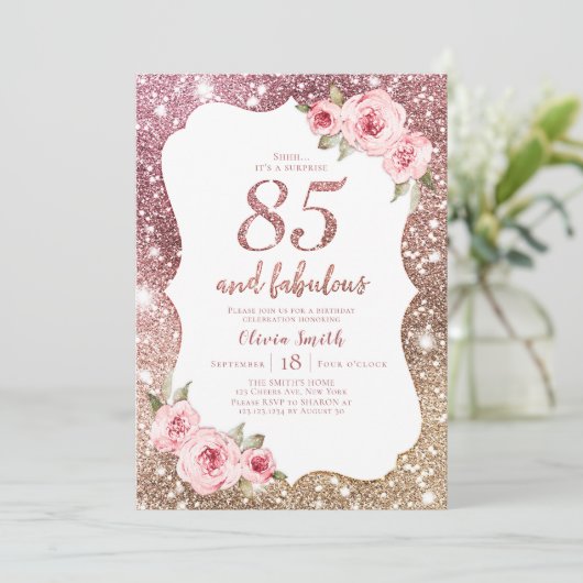 Sparkle roos gouden glitter en bloemen 85e verjaar kaart (Staand voorkant)
