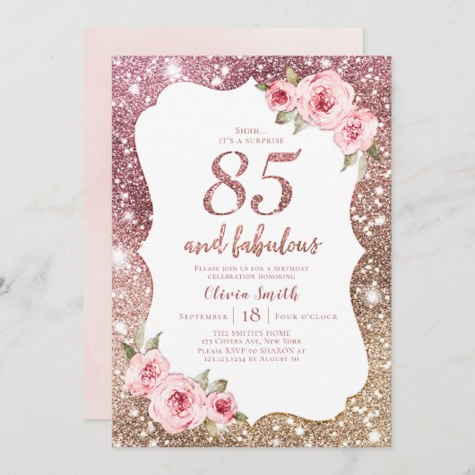Sparkle roos gouden glitter en bloemen 85e verjaar kaart (Voorkant / Achterkant)