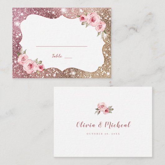 Sparkle roos gouden glitter en bloemenbruiloft plaatskaartje (Voorkant / Achterkant)