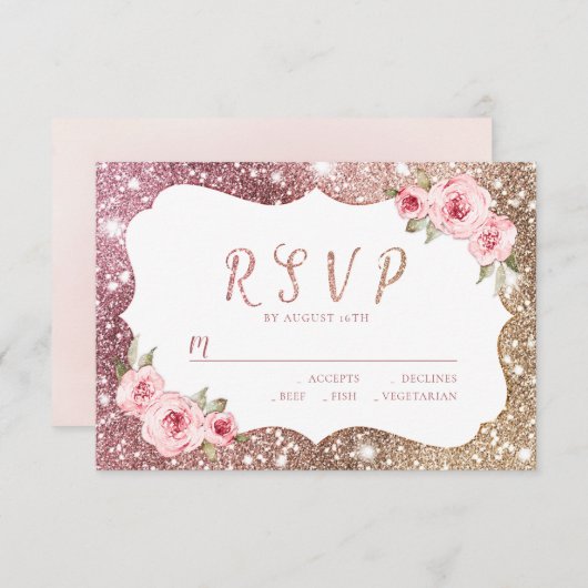 Sparkle roos gouden glitter en bloemenbruiloft RSV RSVP Kaartje (Voorkant / Achterkant)