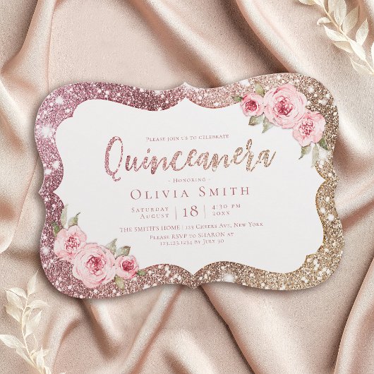 Sparkle roos gouden glitter en bloemenquinceanera kaart