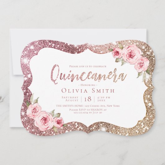 Sparkle roos gouden glitter en bloemenquinceanera kaart (Voorkant)