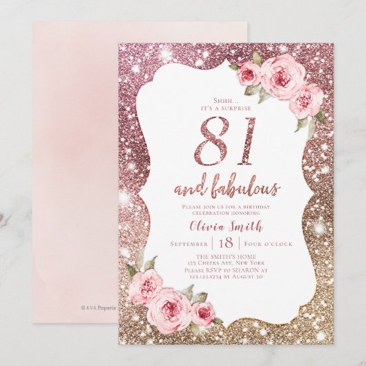 Sparkle roos gouden glitter en bloemrijke 81e verj kaart (Voorkant / Achterkant)