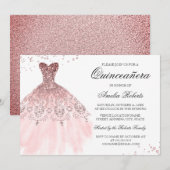 Sparkle Roos Gouden Jurk Quinceanera Invitation Kaart (Voorkant / Achterkant)
