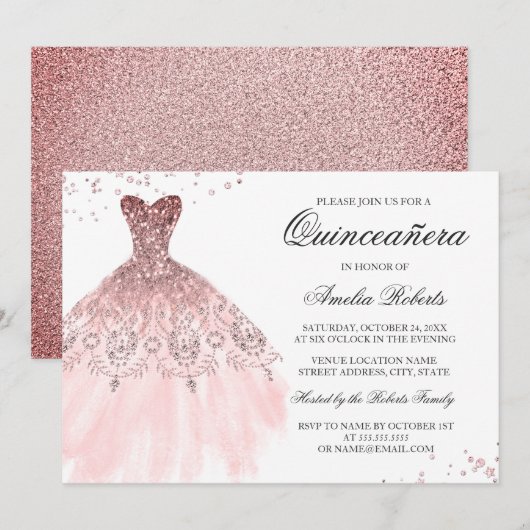 Sparkle Roos Gouden Jurk Quinceanera Invitation Kaart (Voorkant / Achterkant)