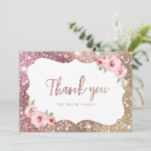 Sparkle roos goudglitter en florale dank u kaart (Staand voorkant)