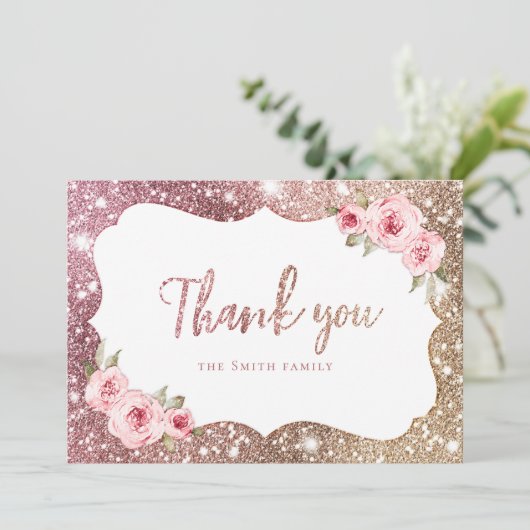 Sparkle roos goudglitter en florale dank u kaart (Staand voorkant)