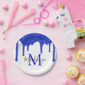 Sparkle Royal Blue Glitter Driemonogram Papieren Bordje (Feest)
