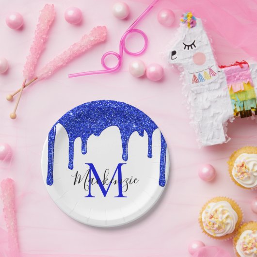 Sparkle Royal Blue Glitter Driemonogram Papieren Bordje (Feest)