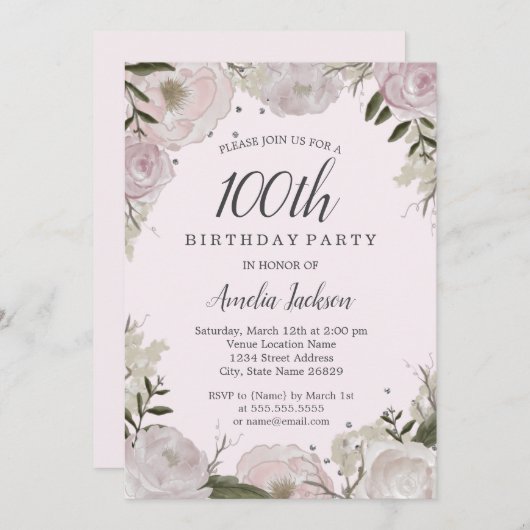 Sparkle Roze Bloemen 100ste Verjaardagsfeest Kaart (Voorkant / Achterkant)