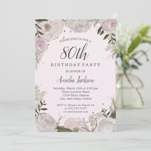 Sparkle Roze Bloemen 80ste Verjaardagsfeest Kaart (Staand voorkant)